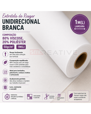 Entretela de Rasgar Unidirecional Branca 80% Viscose 20% Poliester 50gr/m2 1M(L)