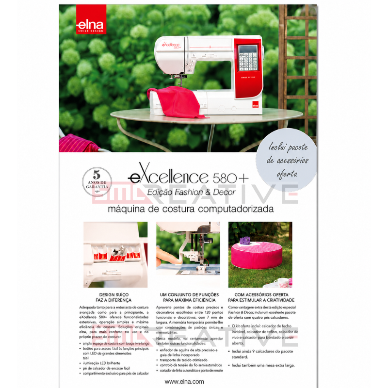 Máquina de Costura Doméstica - ELNA eXcellence 580+ "Fashion & Decor"
